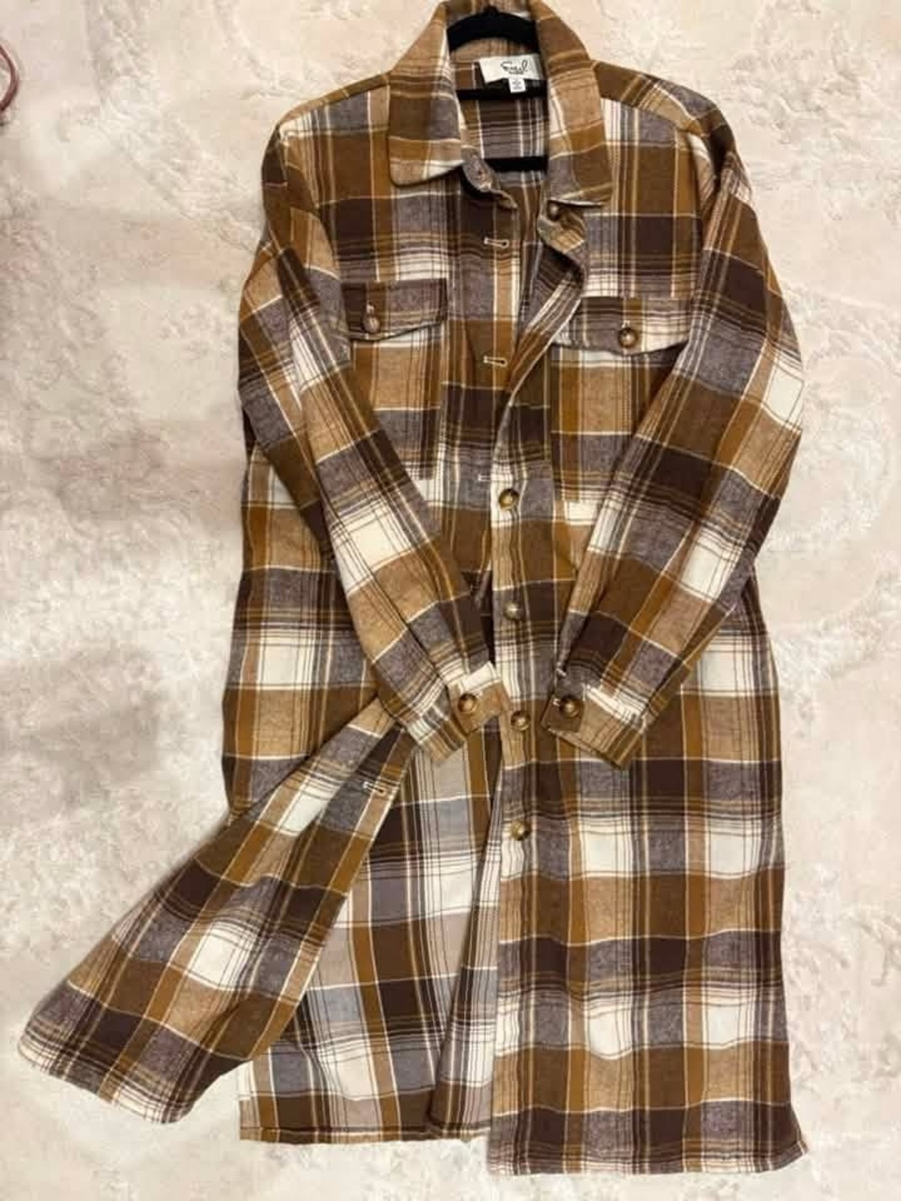 easel Plaid Button-Front Utility Shacket in Brown and Cream